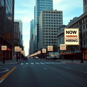 Empty city streets with "Now Hiring" signs displayed prominently.