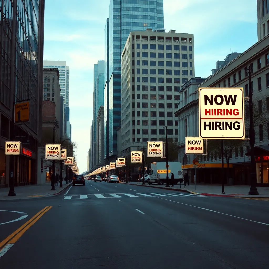 Empty city streets with "Now Hiring" signs displayed prominently.