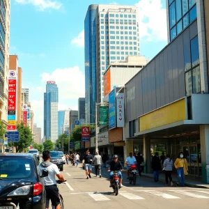 Urban landscape with rising prices signs and stressed commuters.