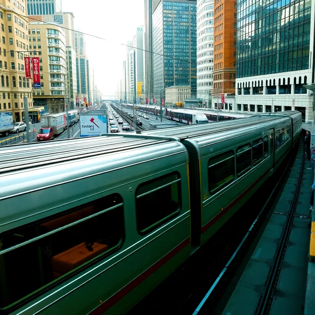 Streamlined subway trains gliding through a bustling city.