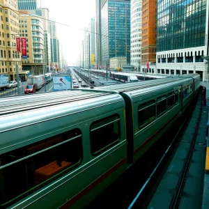 Streamlined subway trains gliding through a bustling city.