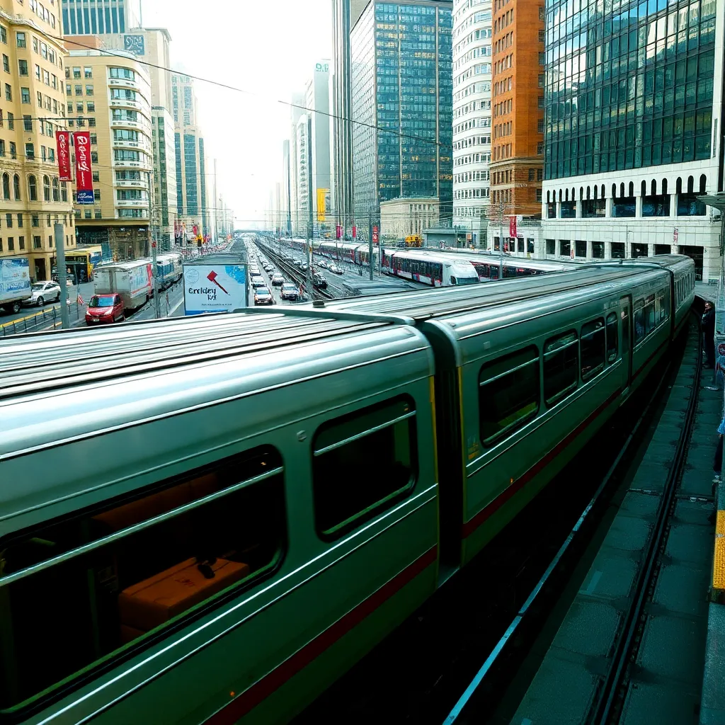 Streamlined subway trains gliding through a bustling city.