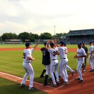 Baseball field with players celebrating a winning moment.