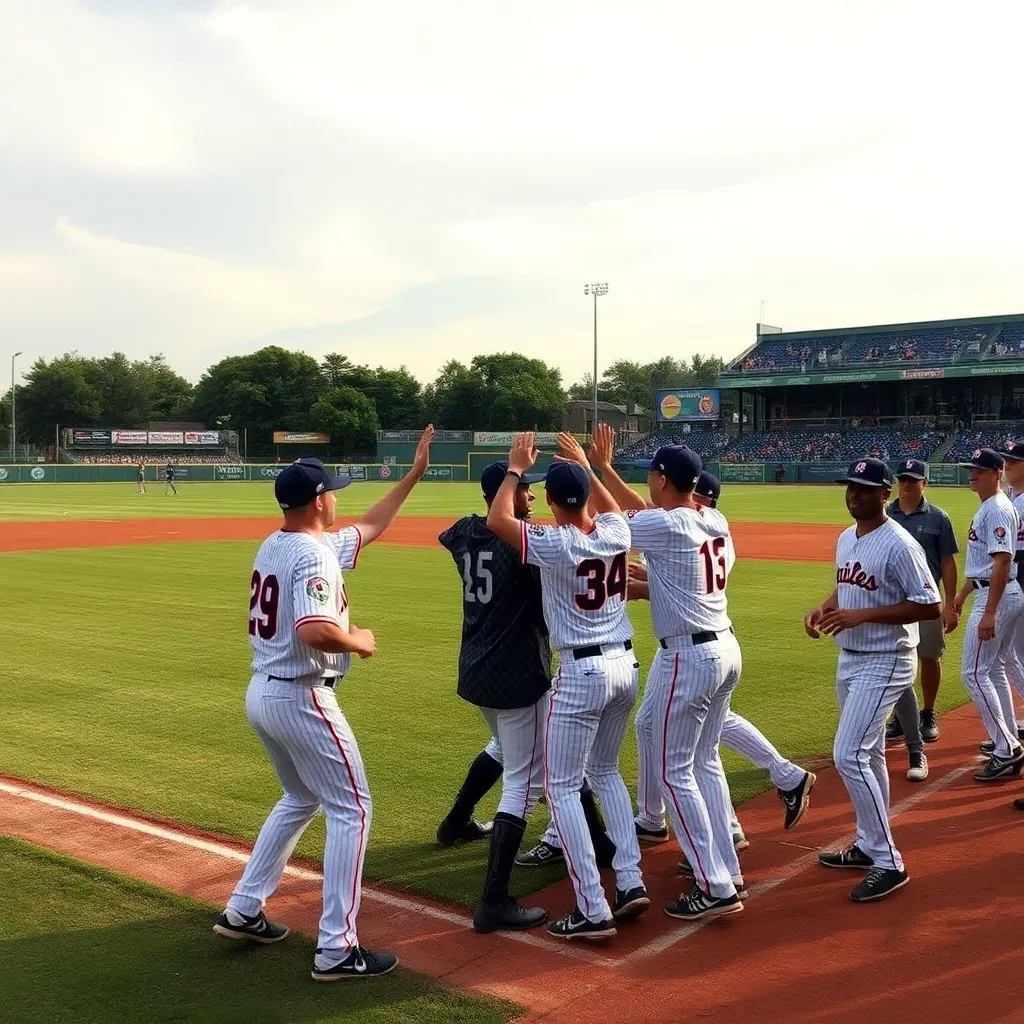 Baseball field with players celebrating a winning moment.