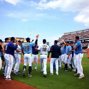 Baseball field celebration with team players and fans.