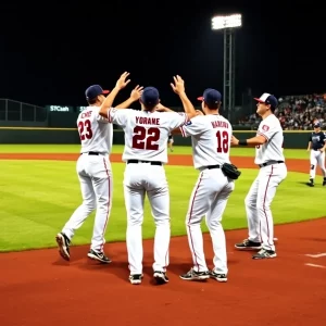 Baseball players celebrating a win on the field.