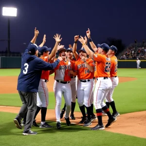 Joyful celebration on a baseball field after winning.