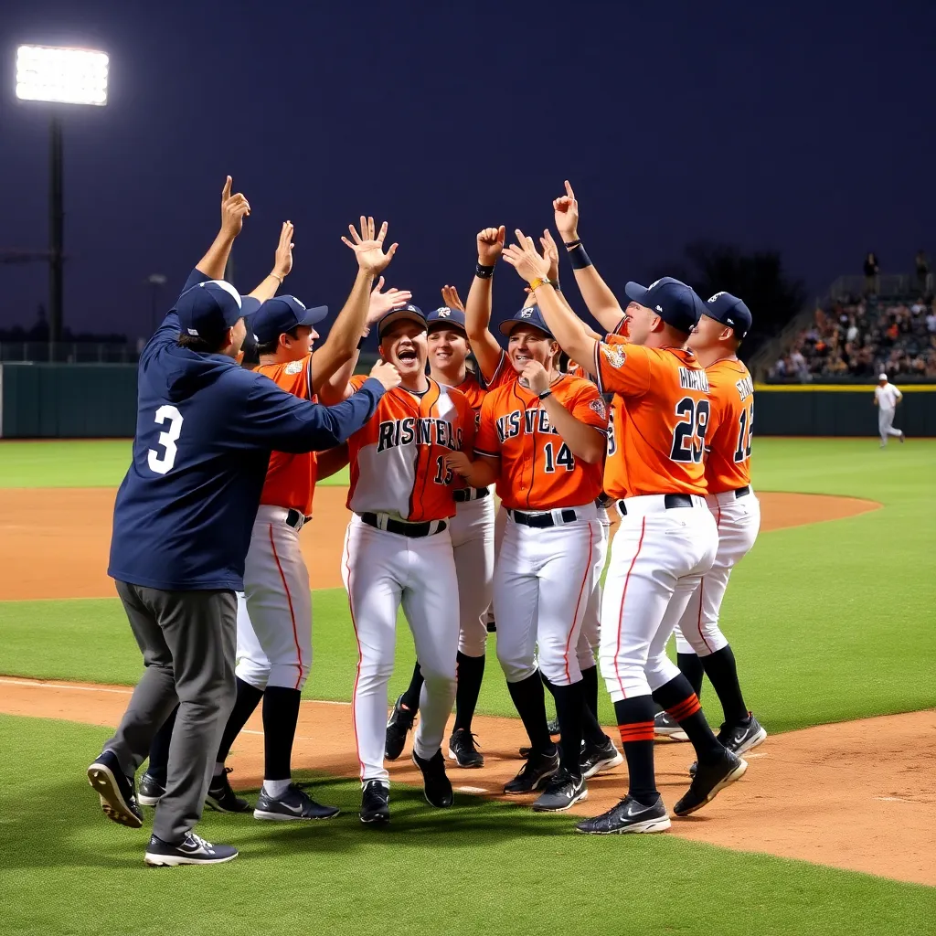 Joyful celebration on a baseball field after winning.