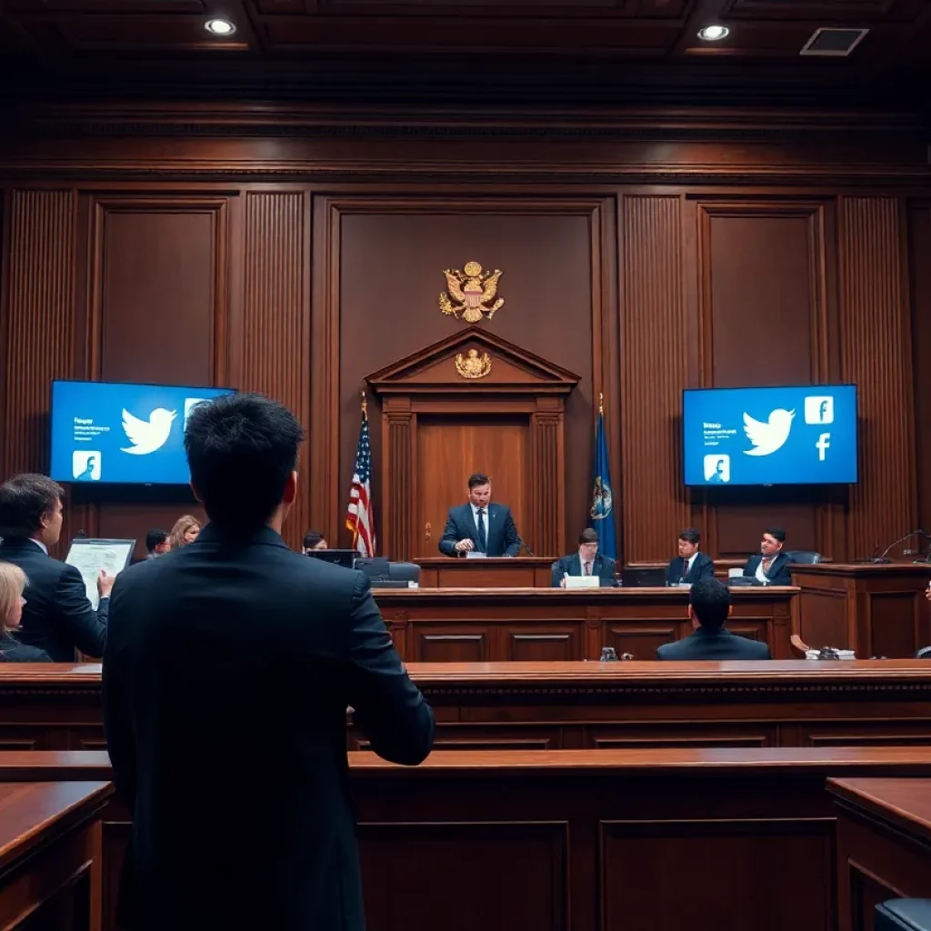 Courtroom illustration representing the TikTok lawsuit in Alabama.