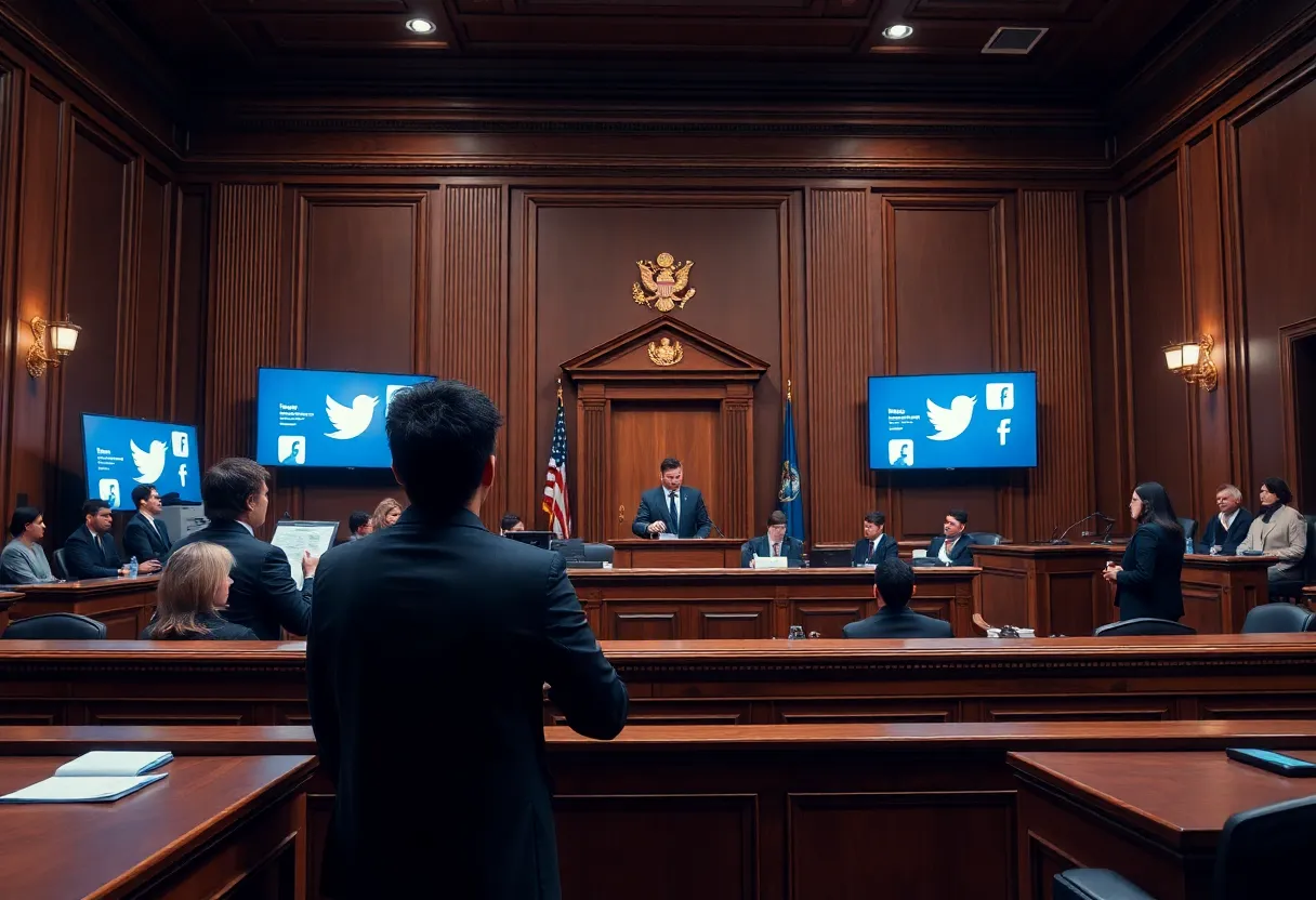 Courtroom illustration representing the TikTok lawsuit in Alabama.