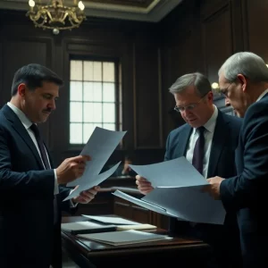 Courtroom scene depicting lawyers discussing legal issues