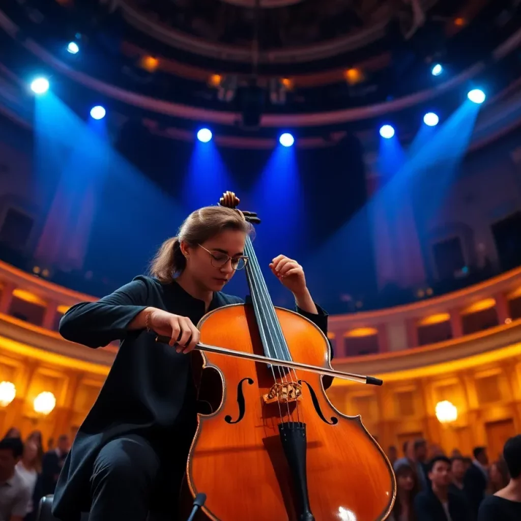 Cellist performing at the Sottile Theatre during the Fragments concert series.