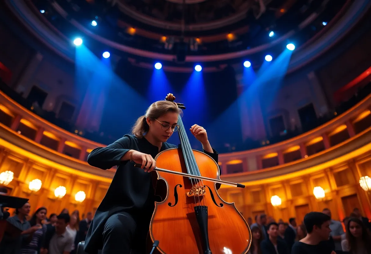 Cellist performing at the Sottile Theatre during the Fragments concert series.