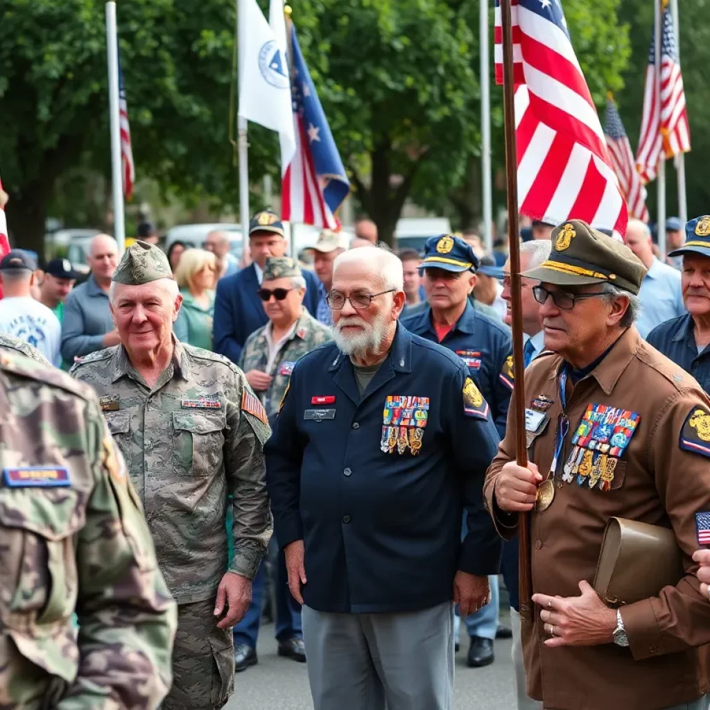 A community celebrating Armed Forces Day with veterans in uniforms.
