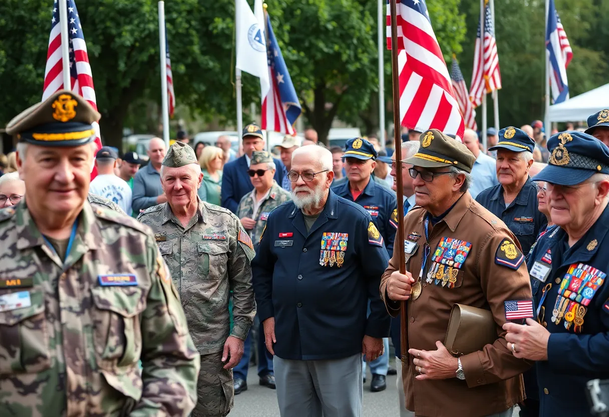 A community celebrating Armed Forces Day with veterans in uniforms.