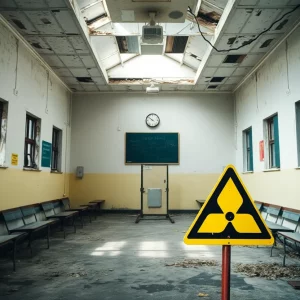 Neglected school structure indicating asbestos hazards