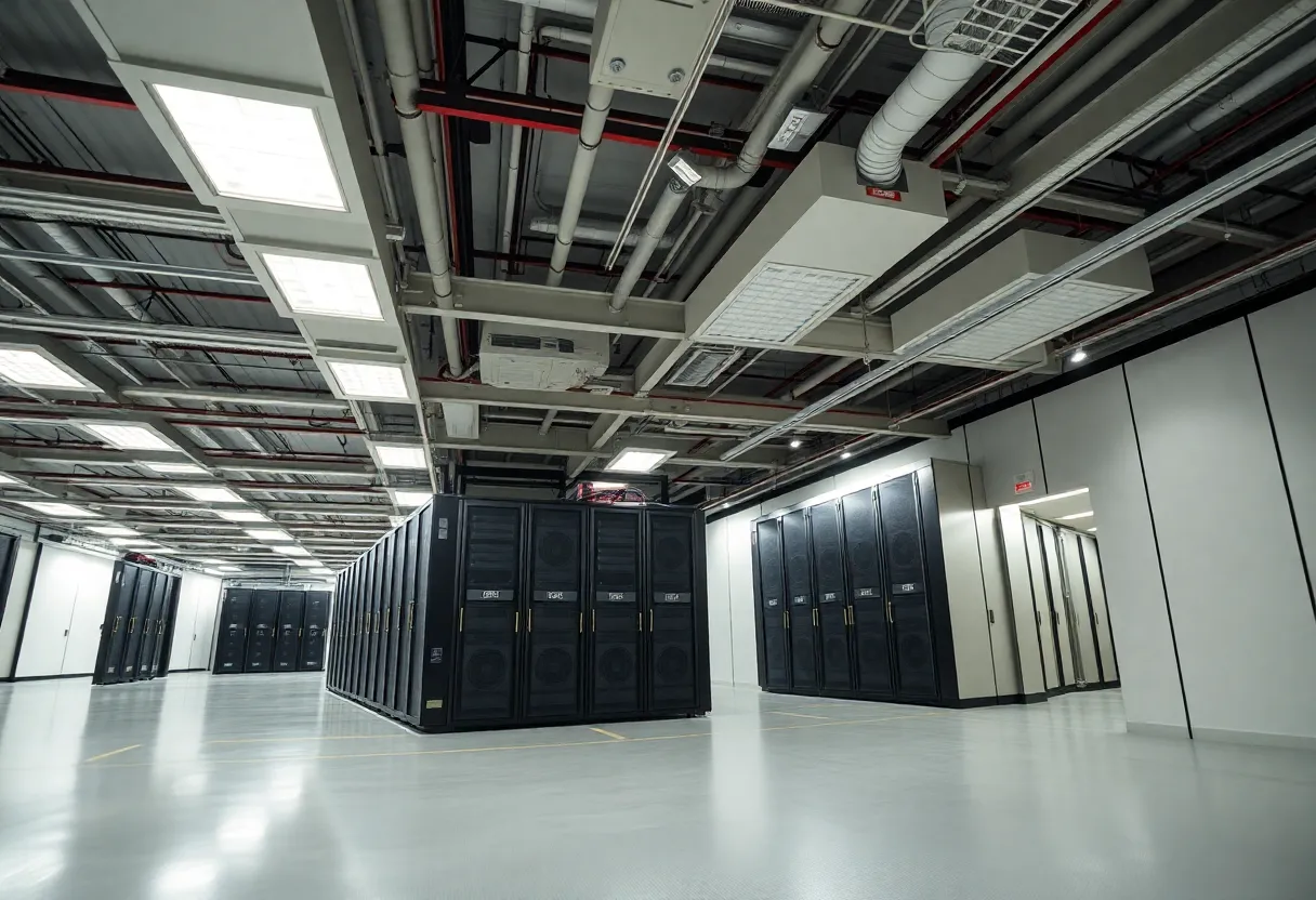 Interior view of a data center showing raised floors and cabling
