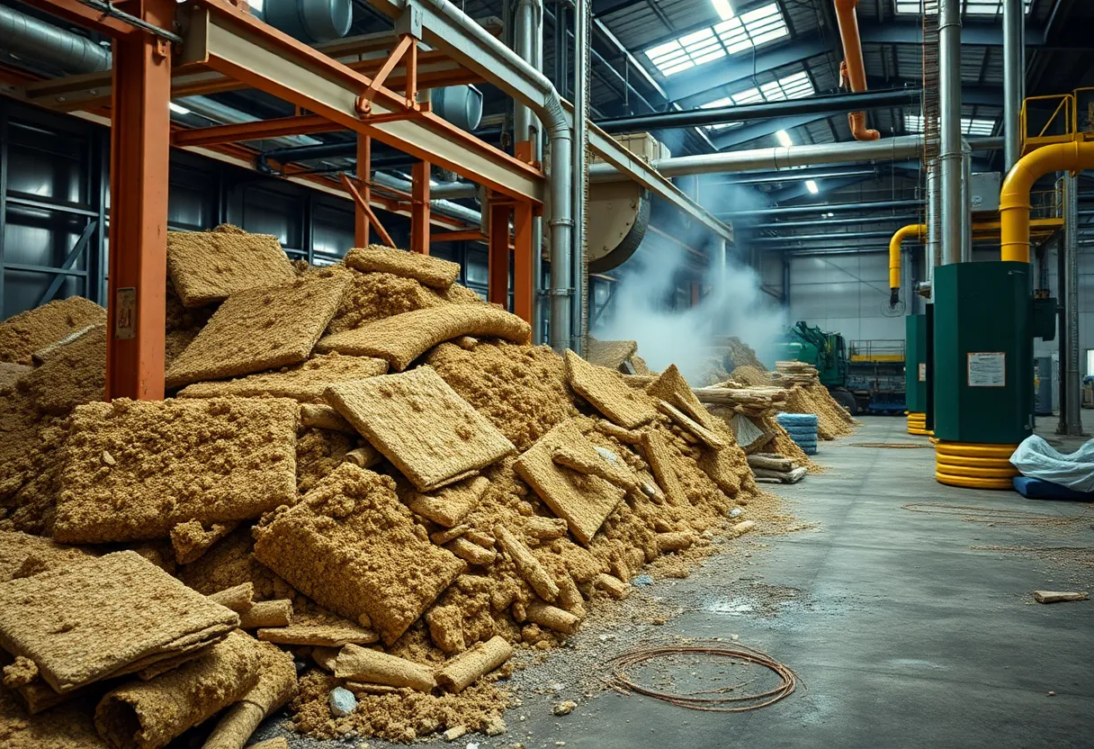 Asbestos materials depiction with safety equipment in an industrial setting.