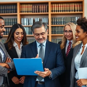 A diverse group of attorneys working together in a law office.