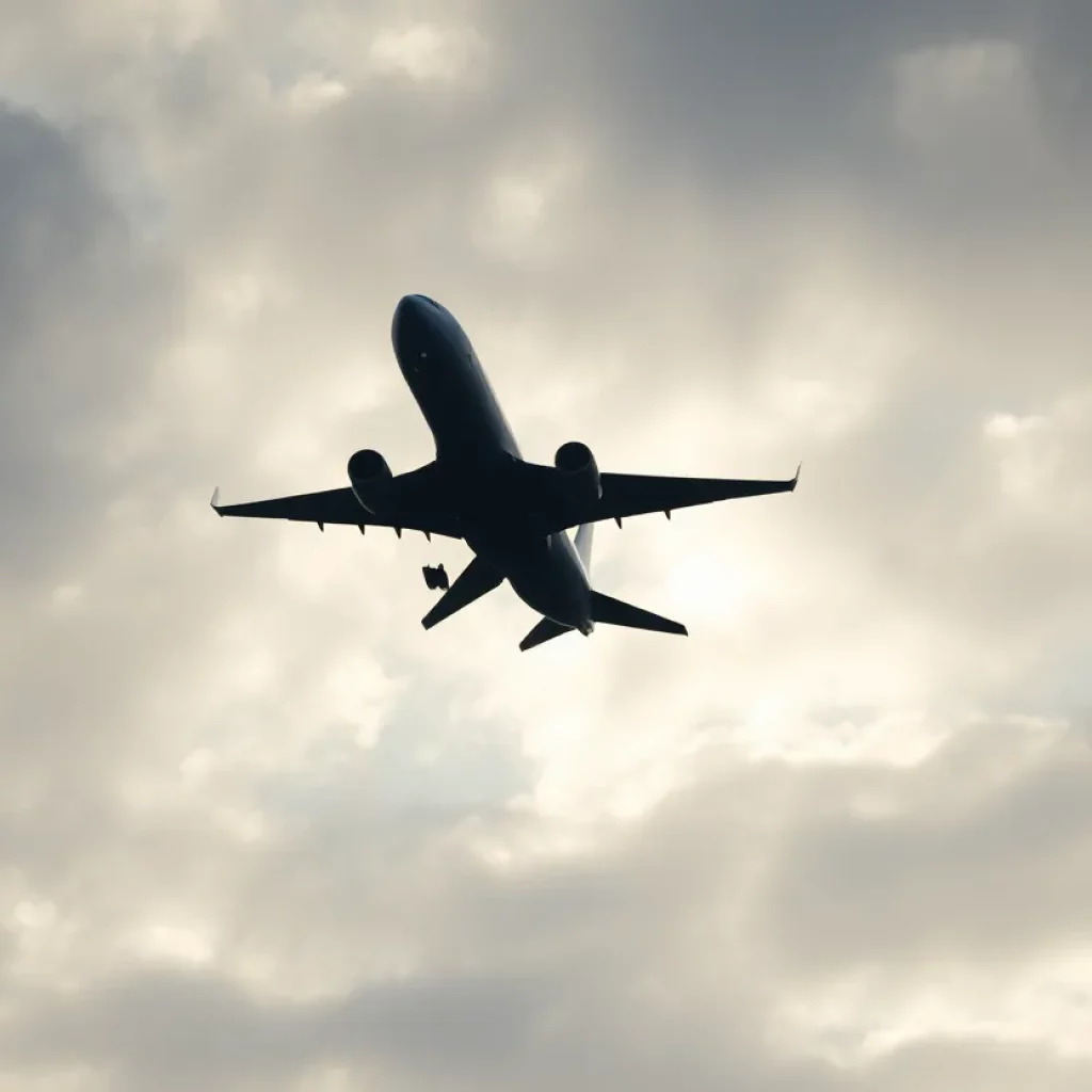 Silhouette of an airplane against a cloudy sky representing aviation safety concerns.