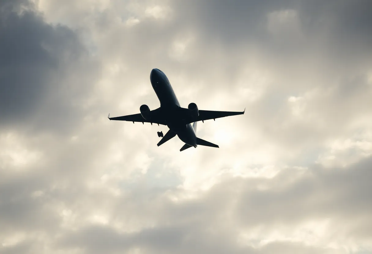 Silhouette of an airplane against a cloudy sky representing aviation safety concerns.