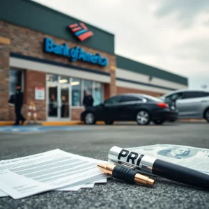 Law enforcement agents in a Bank of America parking lot