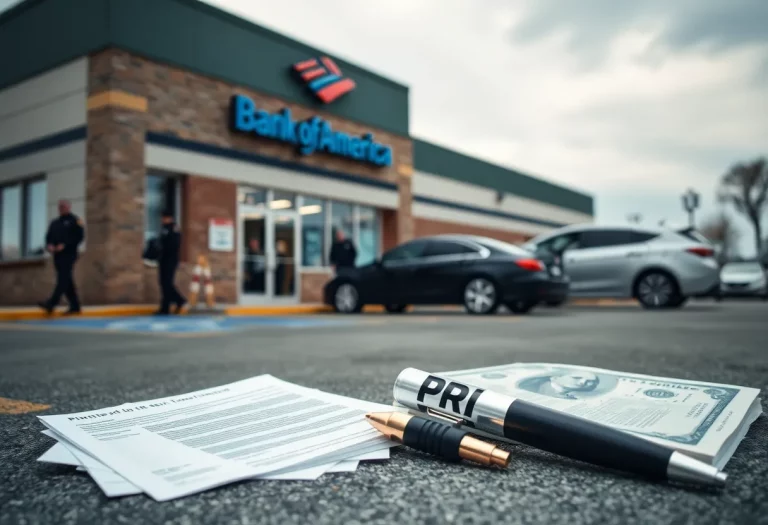 Law enforcement agents in a Bank of America parking lot
