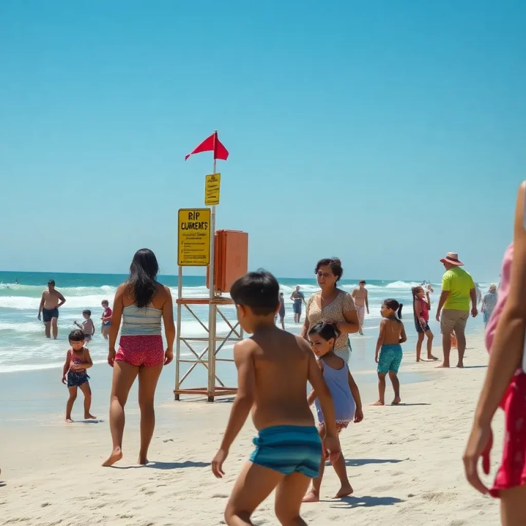 Families at the beach participating in safe beach activities during National Beach Safety Week.