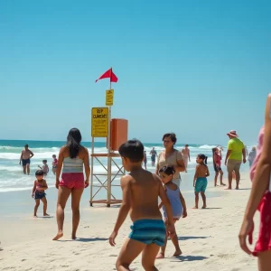 Families at the beach participating in safe beach activities during National Beach Safety Week.