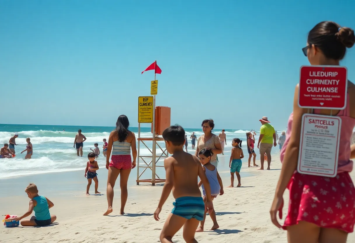 Families at the beach participating in safe beach activities during National Beach Safety Week.