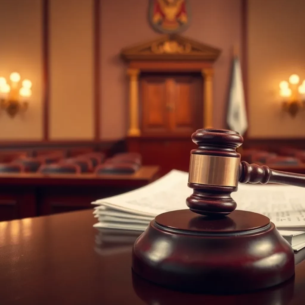 Courtroom scene depicting legal drama and tension with documents on a table.