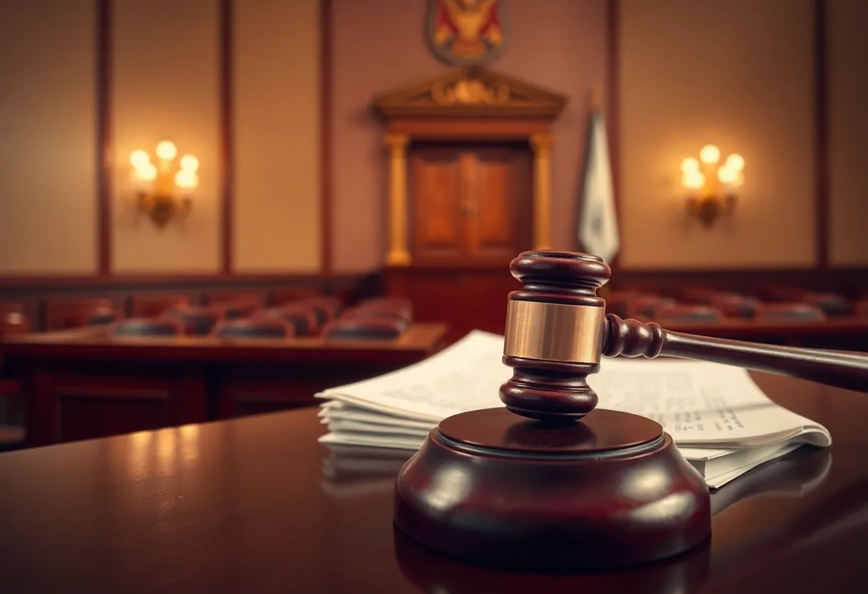 Courtroom scene depicting legal drama and tension with documents on a table.