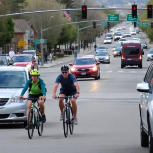 Cyclists and vehicles at a busy Boulder intersection