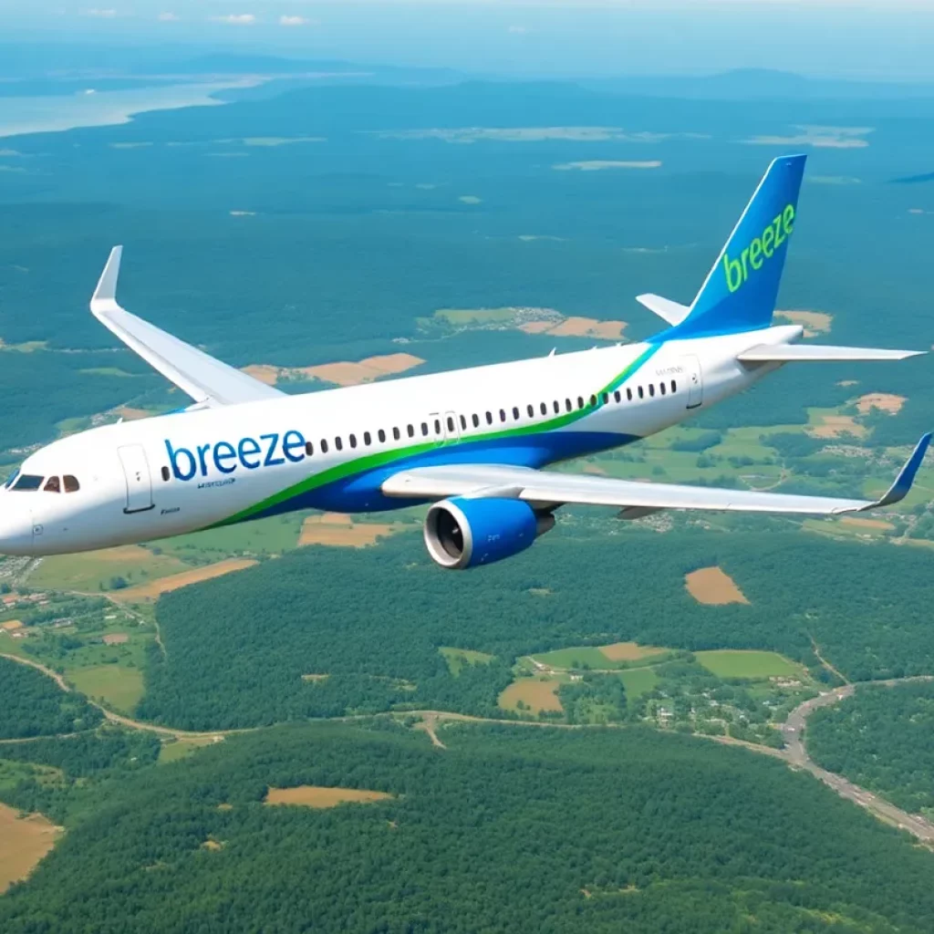 Breeze Airways Airbus A220-300 flying above Burlington Vermont countryside