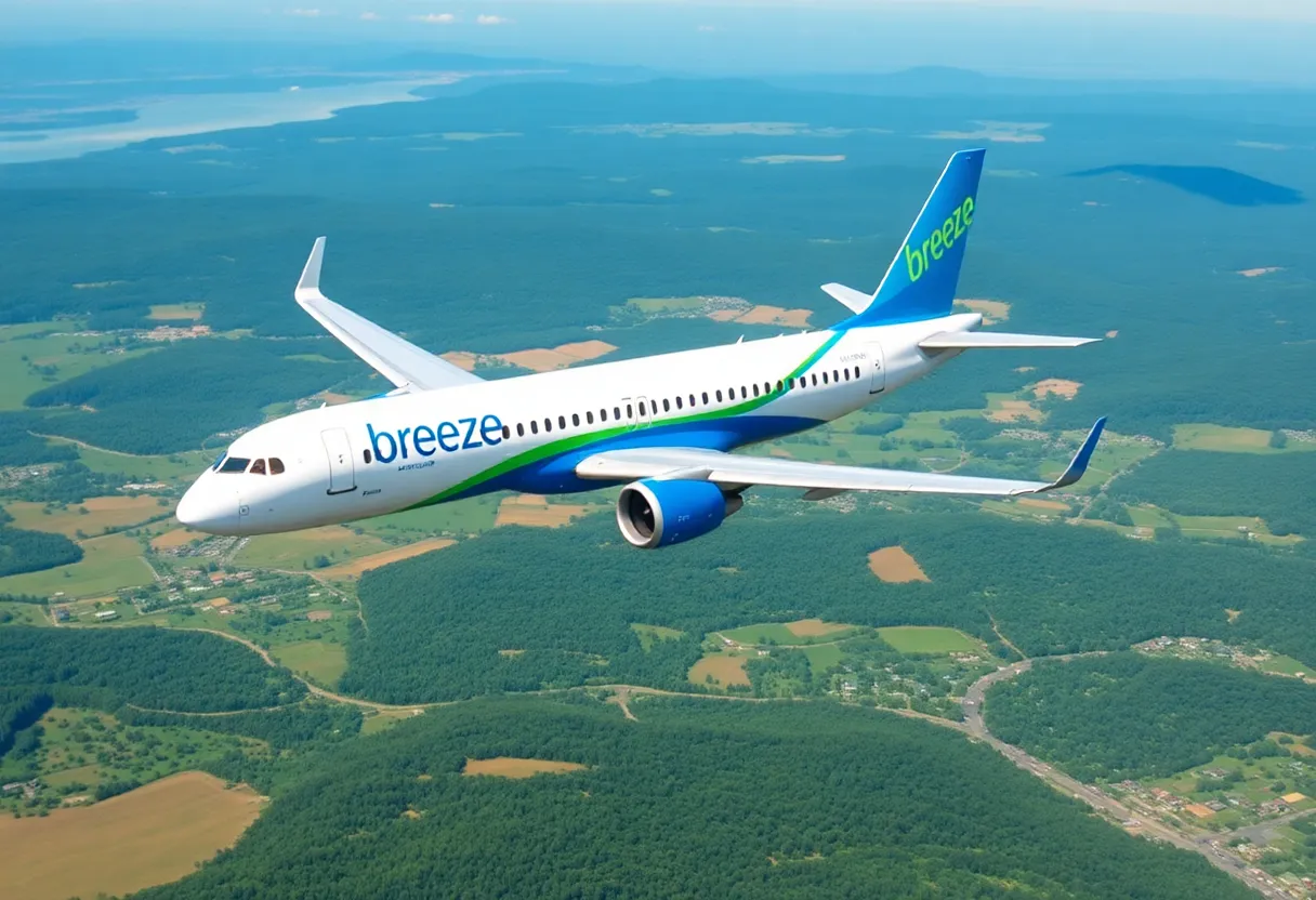 Breeze Airways Airbus A220-300 flying above Burlington Vermont countryside
