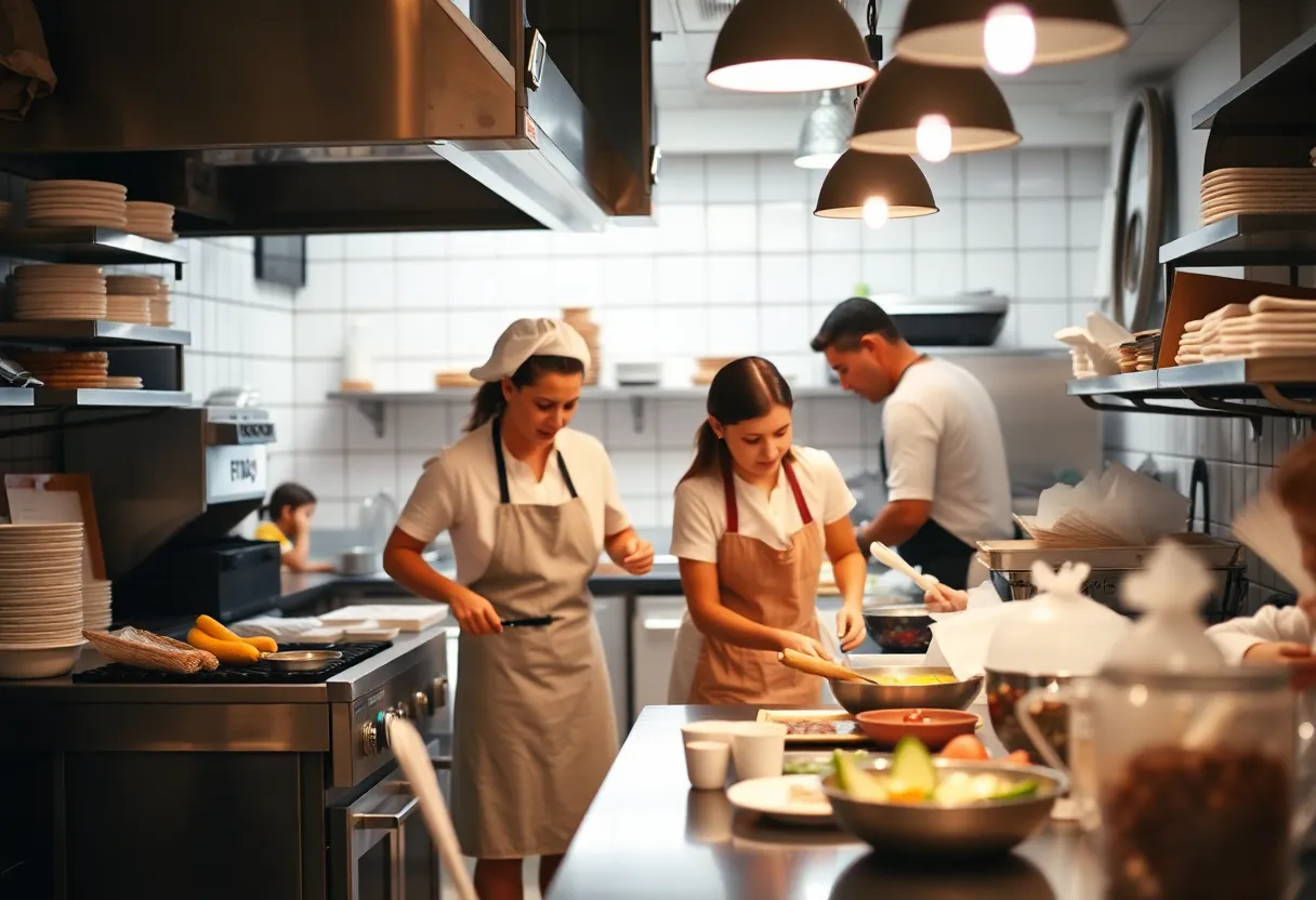 A restaurant kitchen that balances culinary work and childcare.