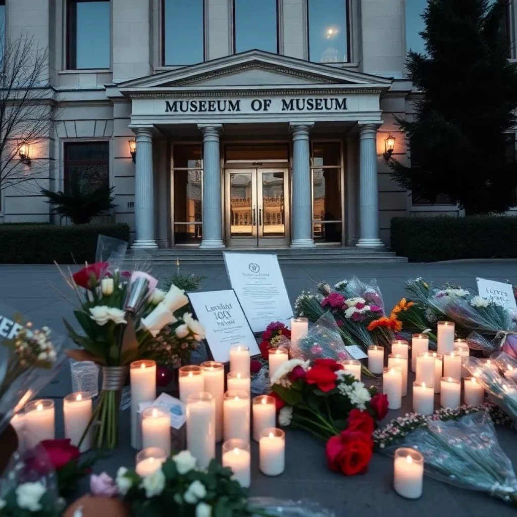 Memorial with candles and flowers outside the Jewish museum