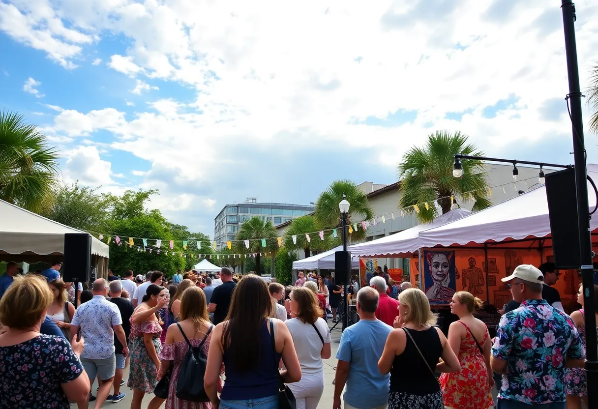 Outdoor arts events in Charleston with performances and audience enjoying the weather.