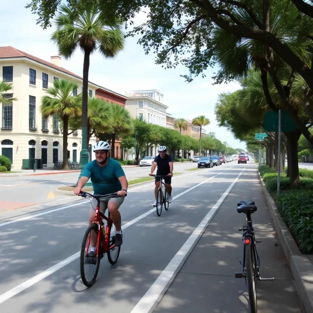 Cyclists riding along a bike lane in historic downtown Charleston