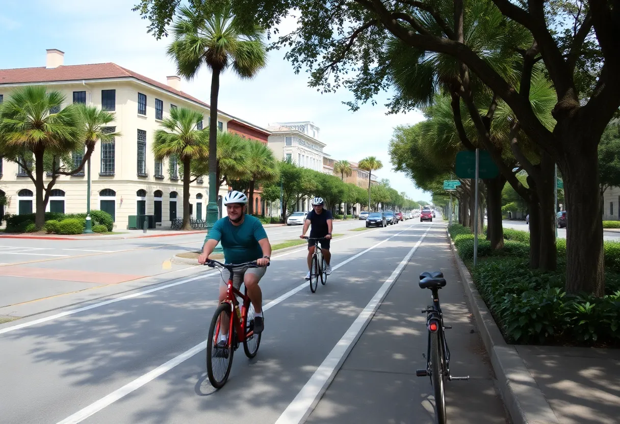 Cyclists riding along a bike lane in historic downtown Charleston