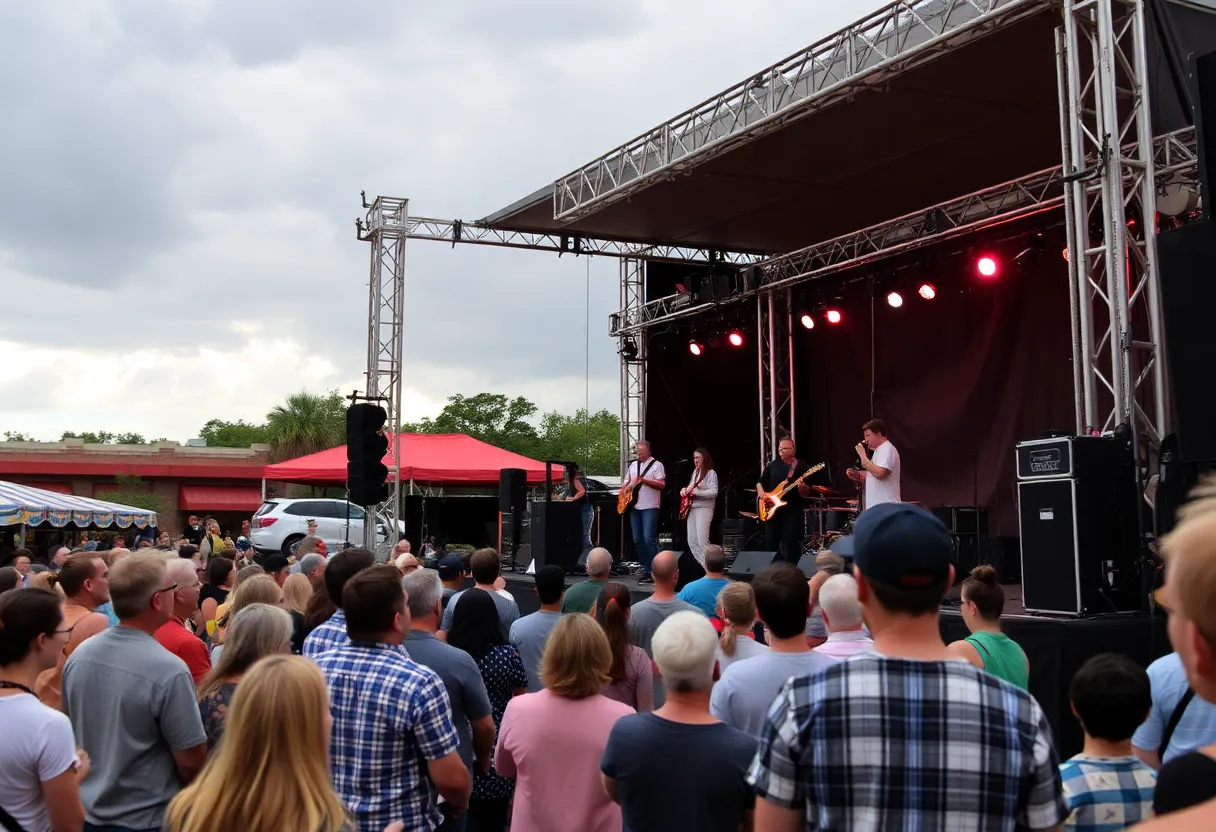 Crowd enjoying a concert in Charleston under cloudy skies