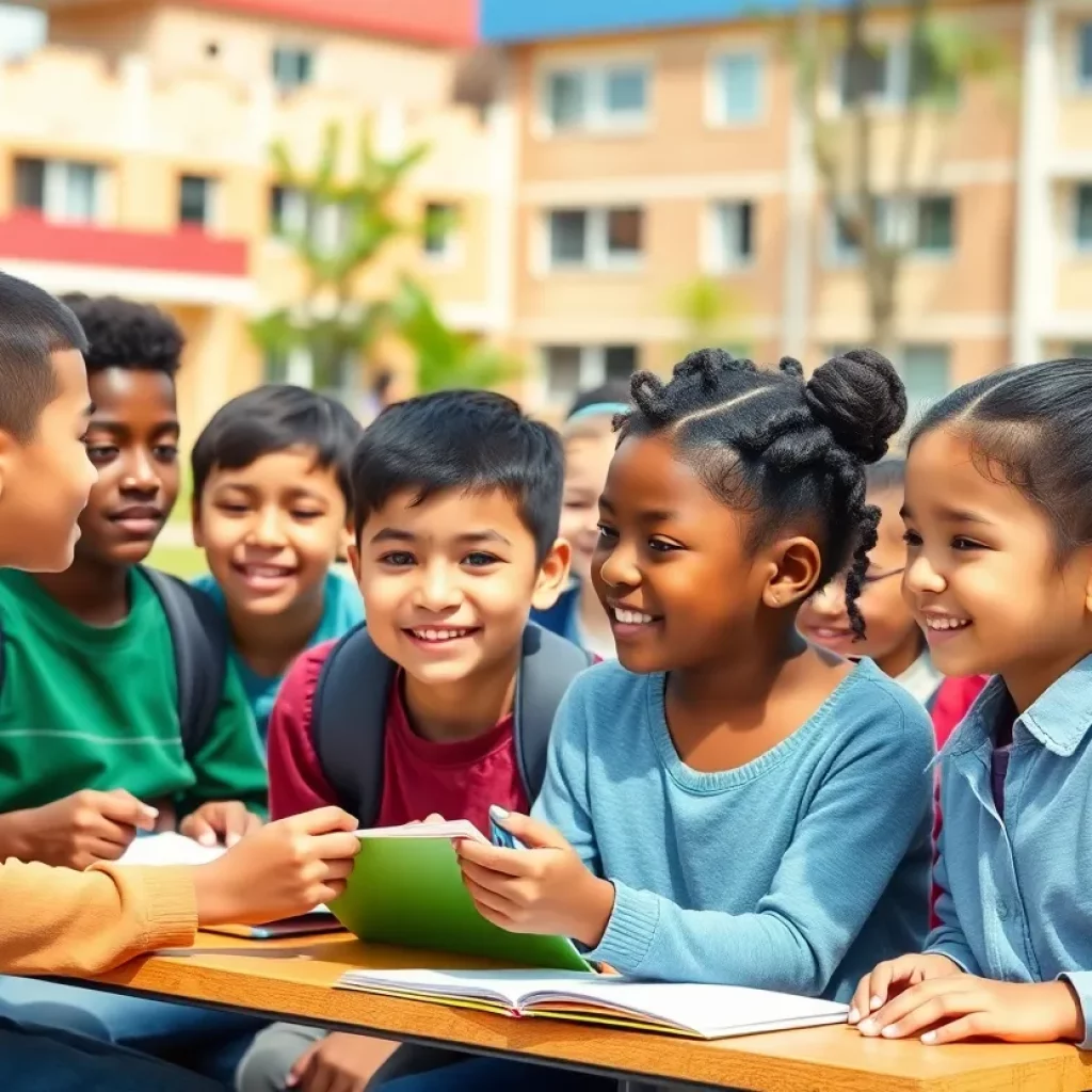 Students in a classroom engaging in learning activities, symbolizing educational improvement and community support.