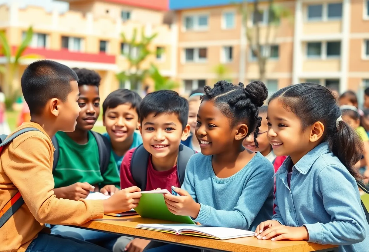 Students in a classroom engaging in learning activities, symbolizing educational improvement and community support.