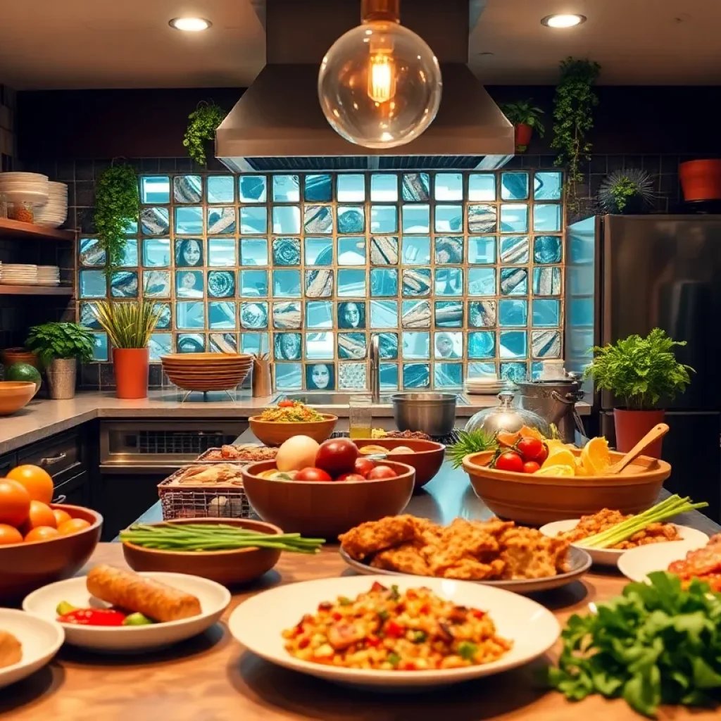 A gourmet kitchen setting with fresh ingredients and plated dishes