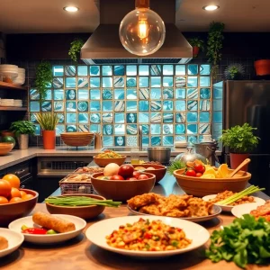 A gourmet kitchen setting with fresh ingredients and plated dishes