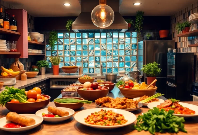 A gourmet kitchen setting with fresh ingredients and plated dishes