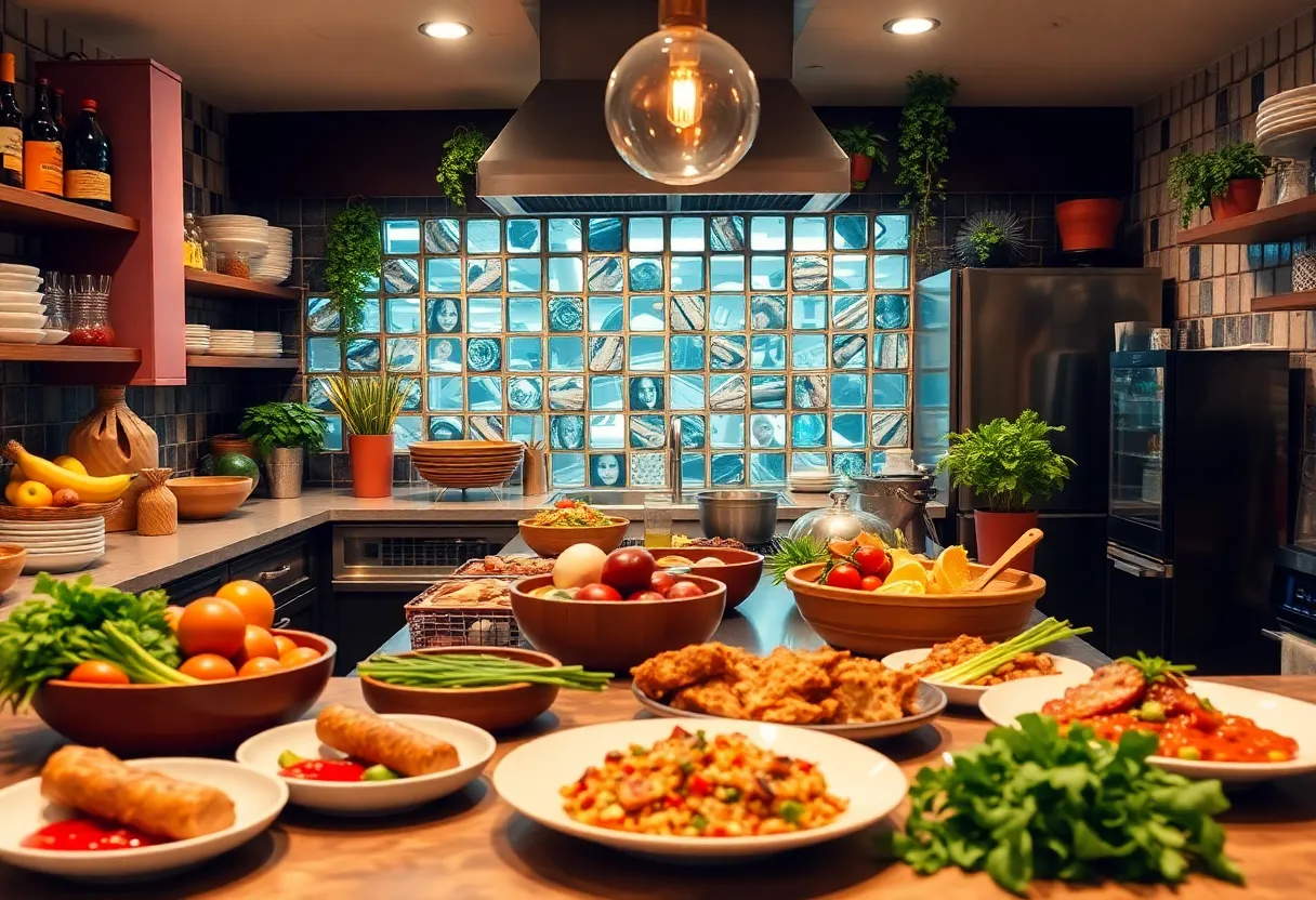 A gourmet kitchen setting with fresh ingredients and plated dishes