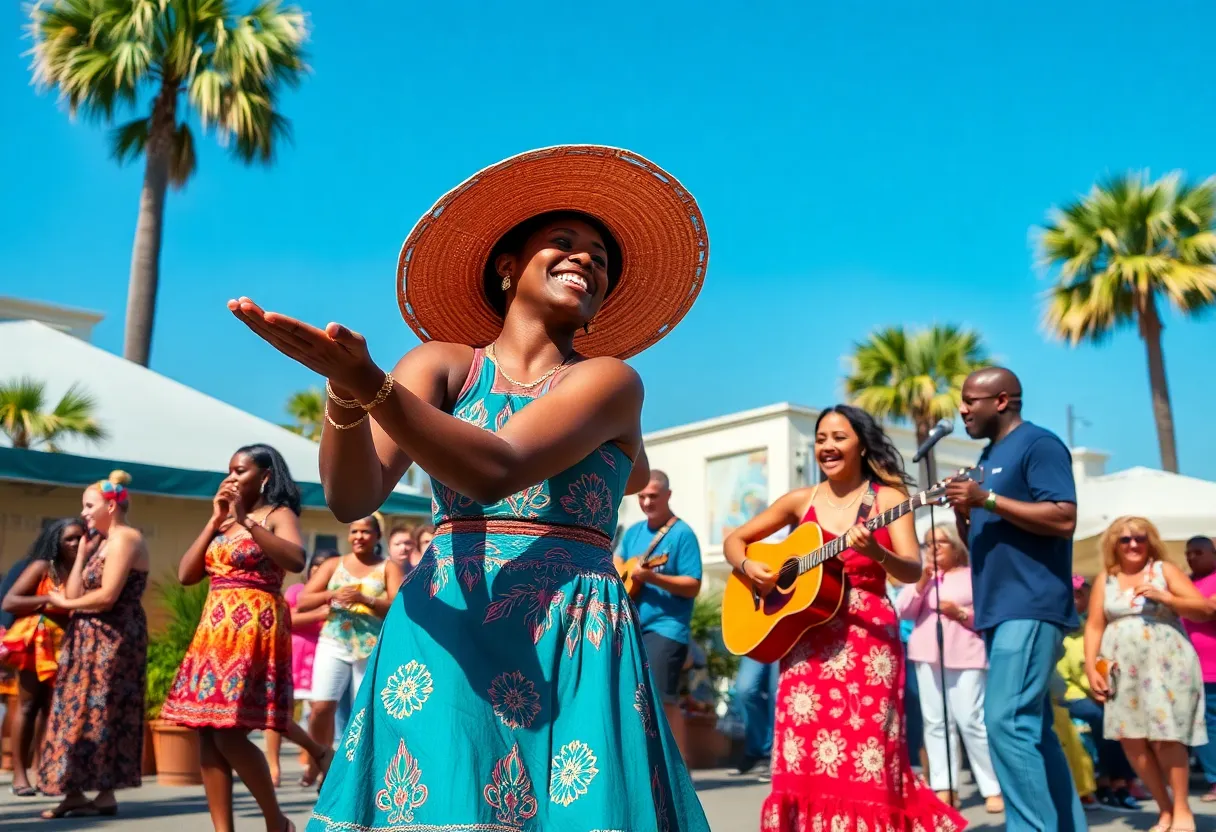 A lively cultural event in Charleston with dancing, music, and community participation.