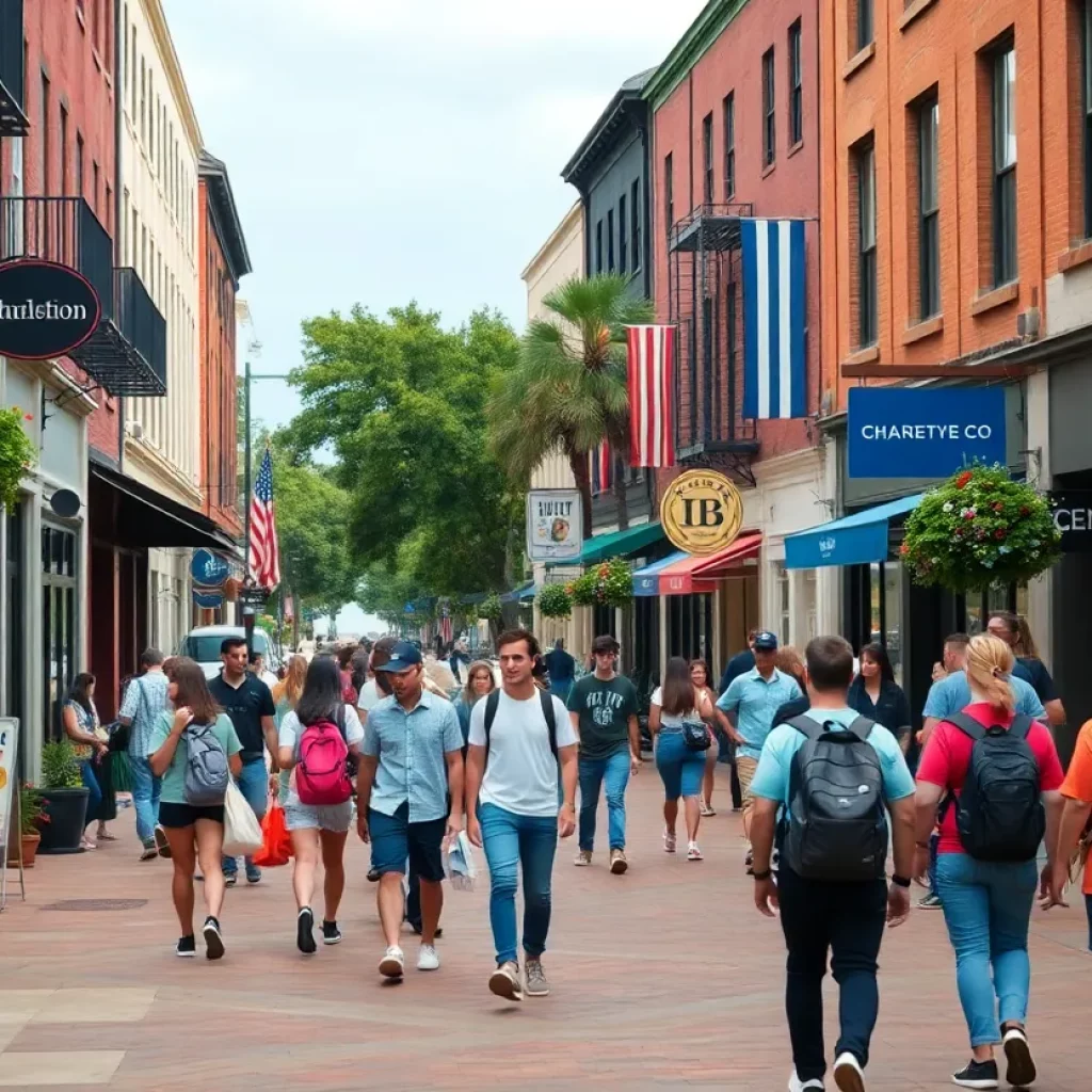 Teenagers in downtown Charleston with local businesses around them