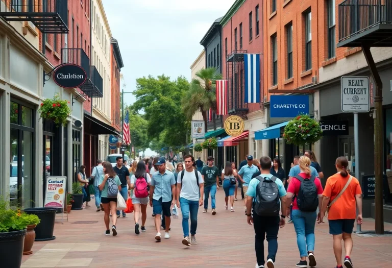 Teenagers in downtown Charleston with local businesses around them